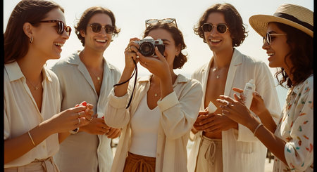group of happy young women taking photos with retro camera on summer beachの素材