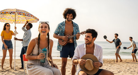 A joyful group of friends at the beach, playing music, drinking, and engaging in beach games under a colorful umbrella.の素材