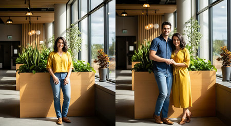 A smiling couple and a woman standing in a bright, modern lobby with large windows, potted plants, and wooden planters.の素材