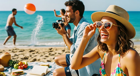 A joyful couple on the beach, taking photos with a camera, surrounded by friends playing with a beach ball and enjoying a picnic with fruits and sandwiches.の素材