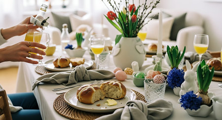 A beautifully set Easter brunch table with pastries, decorated eggs, flowers, and wine glasses. A person is pouring a drink, creating a warm and inviting atmosphere.の素材
