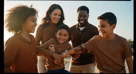 happy african american family holding hands and looking at camera on sunny dayの素材