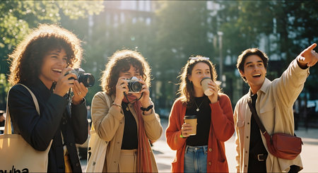 Group of young friends taking pictures of themselves with a camera and drinking coffeeの素材