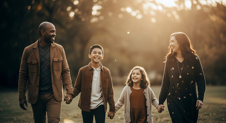 A joyful family of four holding hands and walking through a sunlit park during autumn, with warm colors and natural surroundings.の素材