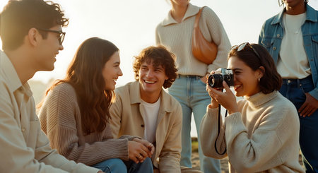 A group of young friends laughing and enjoying a sunny day outdoors. One person is taking a photo with a camera, while others are casually dressed in light-colored clothing.の素材