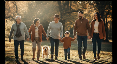 A multi-generational family of six, including grandparents, parents, and a child, walking together in a sunny autumn forest with a small dog.の素材