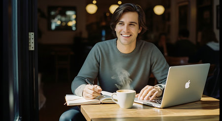 Smiling young man using laptop while sitting at table in coffee shopの素材
