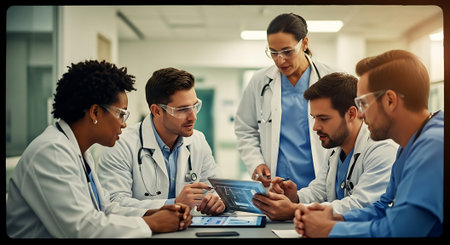 Group of doctors in white coats and blue scrubs gathered around a table, discussing information on a digital tablet. They are wearing stethoscopes and safety glasses.の素材