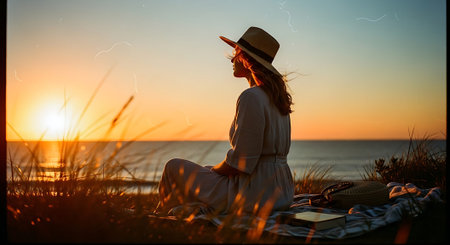 A woman in a white dress and hat sits on a beach blanket at sunset, facing the ocean with a serene expression.の素材