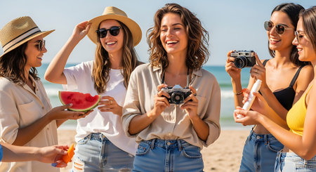 Five friends on a sunny beach, holding cameras and enjoying watermelon. They are smiling, wearing sunglasses, hats, and casual summer outfits.の素材