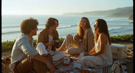 Four friends laughing and enjoying a picnic by the ocean during sunset, with food and drinks spread out on a blanket.の素材