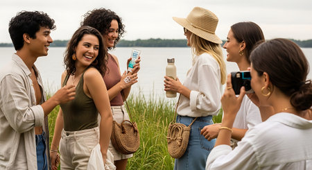 A cheerful group of friends standing by a lake, holding various drinks and smiling. They are dressed in casual, summer attire with accessories like hats and bags.の素材