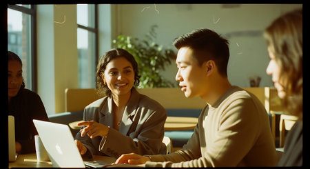 A diverse group of professionals gathered around a laptop, engaged in a discussion in a bright, modern office with large windows and indoor plants.の素材
