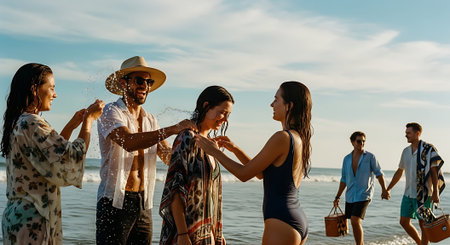 A joyful group of people at the beach, splashing water and laughing together. They are dressed in summer attire, with some holding beach accessories.の素材
