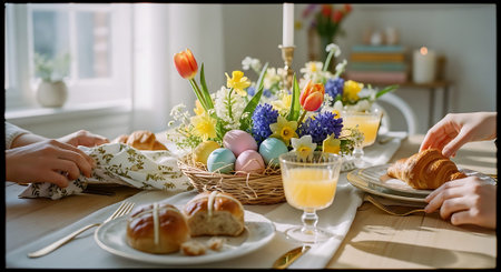A beautifully set Easter brunch table with colorful flowers, pastries, and glasses of orange juice. The table is adorned with a woven basket and decorated eggs.の素材