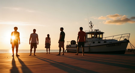 A group of five people walking on a beach near a docked boat during sunset, with long shadows and a serene atmosphere.の素材