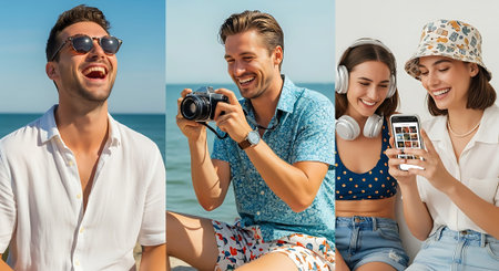 Four individuals enjoying summer activities: laughing by the sea, taking photos with a camera, and using a smartphone with headphones.の素材