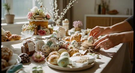 A person decorates Easter-themed pastries on a table filled with colorful eggs, cakes, and flowers. The scene is bright and festive, with natural light illuminating the decorations.の素材