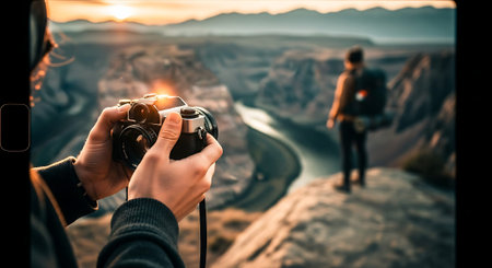 A person holding a DSLR camera captures a scenic sunset landscape with winding trails and mountains in the background.の素材