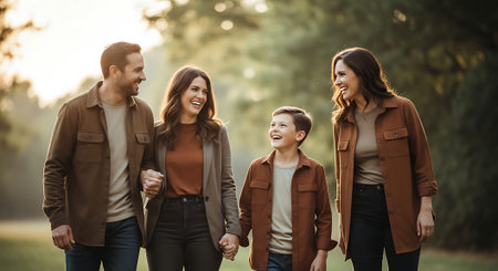 A joyful family of four, including two adults and two children, walking hand in hand in a park during sunset. They are dressed in casual, earth-toned clothing.の素材
