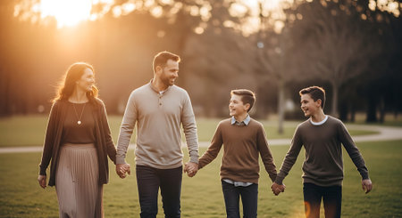 A family of four, two parents and two sons, holding hands and walking in a park during sunset. The scene is warm and serene with lush green grass and bare trees.の素材