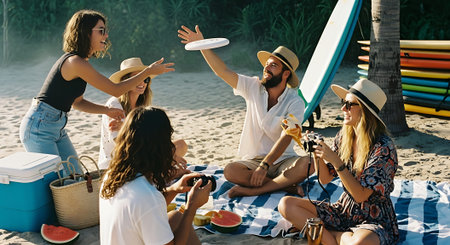 A lively group of friends having a picnic on the beach, enjoying fruits, drinks, and each other's company. Surfboards and a cooler are visible.の素材