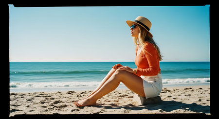 A woman in an orange top and white shorts sits on a sandy beach, wearing a straw hat and sunglasses, with the ocean and clear blue sky in the background.の素材