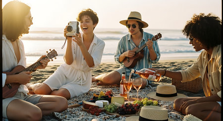 A group of friends on a beach picnic, playing ukuleles, and enjoying drinks and snacks on a blanket.の素材
