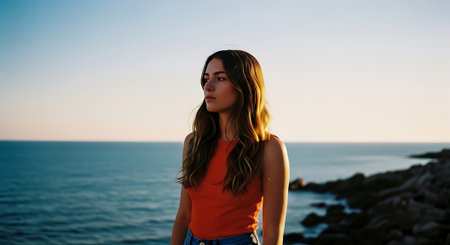 A young woman in an orange top and denim shorts stands by the rocky shore, looking out at the ocean during a beautiful sunset.の素材