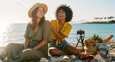 Two smiling women sitting on a beach blanket with a picnic basket, camera, and various foods, enjoying a sunny day by the ocean.の素材