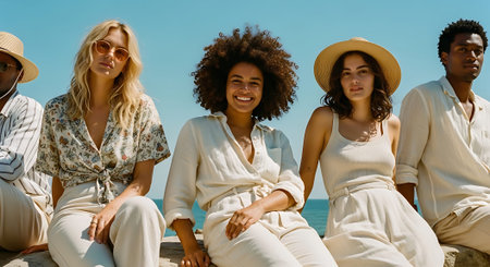 A cheerful group of five friends sitting together on a sunny beach day, dressed in light-colored, stylish summer clothing and accessories.の素材