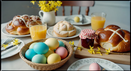 A festive Easter breakfast table set with pastries, colored eggs, orange juice, and jam. The scene includes a basket of dyed eggs and a vase of yellow flowers.の素材