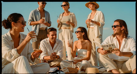 A joyful group of friends dressed in white enjoying a beach picnic with food, drinks, and laughter under a clear blue sky.の素材