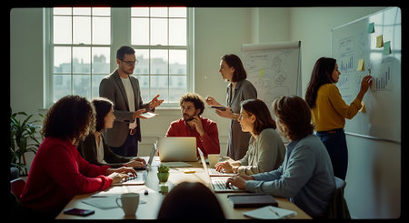 A group of professionals engaged in a lively discussion around a table, with some standing and presenting ideas on a whiteboard. The office is well-lit with natural light and modern decor.の素材