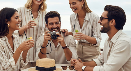 A joyful group of friends gathered on a beach, celebrating with a cake, drinks, and a camera. They are dressed in light-colored, casual attire and appear to be enjoying a sunny day.の素材