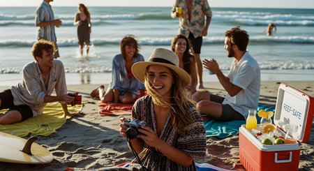 A joyful group of people having a picnic on the beach with surfboards, coolers, and colorful towels. They are laughing and enjoying drinks and snacks by the ocean.の素材