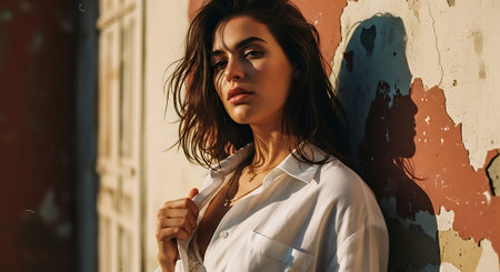 A beautiful young woman standing in front of a worn, colorful wall, looking stylish and confident.の素材