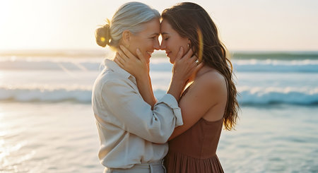 Two women embracing and kissing on a serene beach at sunsetの素材