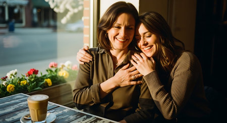 Two women sitting together at a cozy cafe table by a window with flowersの素材