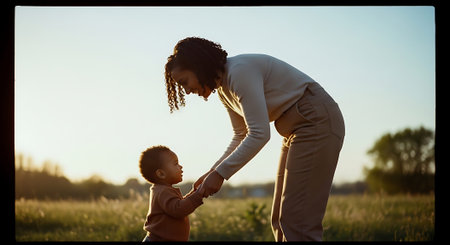 A woman and a young child holding hands in a serene field at sunsetの素材