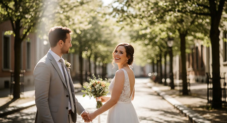 A smiling bride and groom holding hands and bouquet on a sunny street lined with trees and buildings.の素材