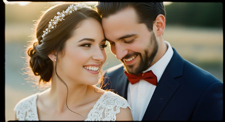 A joyful bride and groom embrace outdoors, smiling at the camera. The bride wears a white lace dress with a headpiece, and the groom is in a dark suit with a red bow tie.の素材