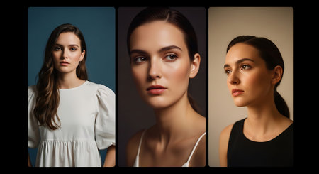 A triptych of three women showcasing diverse expressions and fashion styles against solid backgrounds. Each woman is captured in a close-up portrait with varying hair and clothing styles.の素材