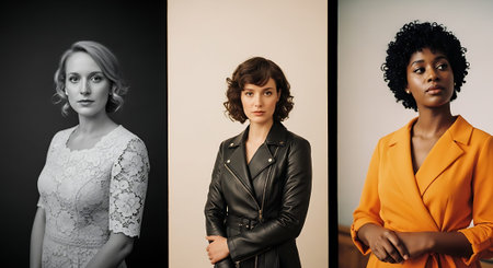 Three women in professional attire, each with a distinct style, posing confidently against a plain background.の素材