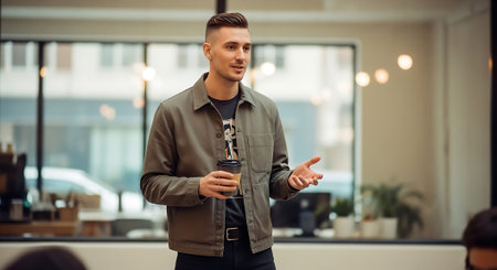 A young man in a brown jacket and black shirt gesturing while speaking in a well-lit office with large windows and indoor plants.の素材
