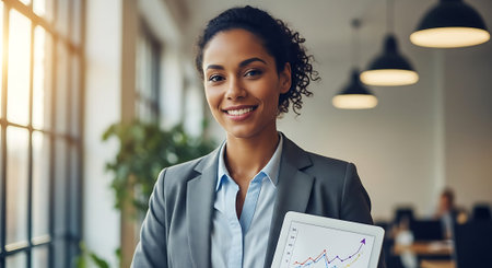 A confident businesswoman holding a chart in a modern office settingの素材