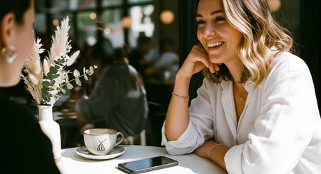 A smiling woman sitting at a table with a cup of coffee and her friend in a modern cafeの素材