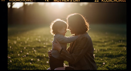 A tender moment captured in a field at sunset, a mother holds her young child close, creating a warm and loving atmosphere.の素材