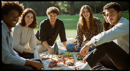 A group of friends enjoying a picnic in a park on a sunny dayの素材