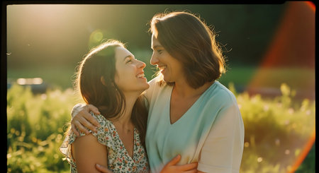 Two women embracing and smiling at each other in a sunny fieldの素材